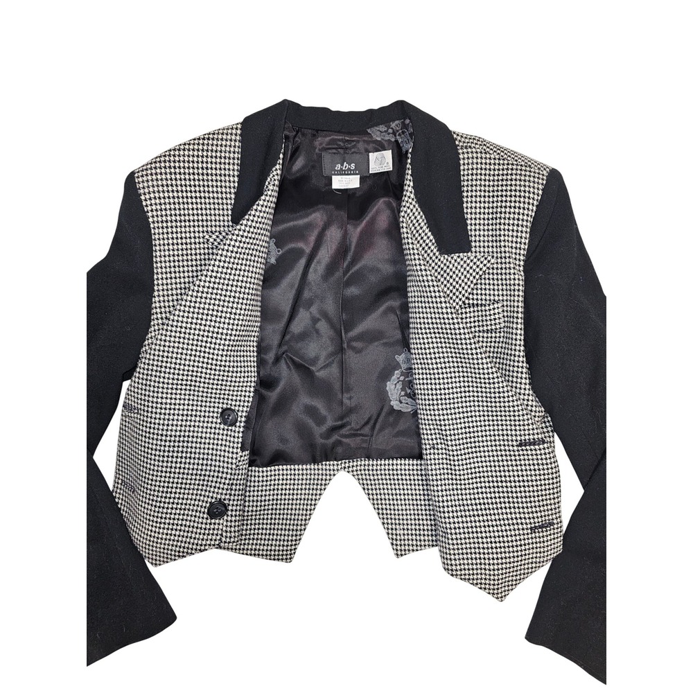90s Vintage Statement Blazer Houndstooth Cropped Wool Goth‎ Black White Made USA - Picture 4 of 8